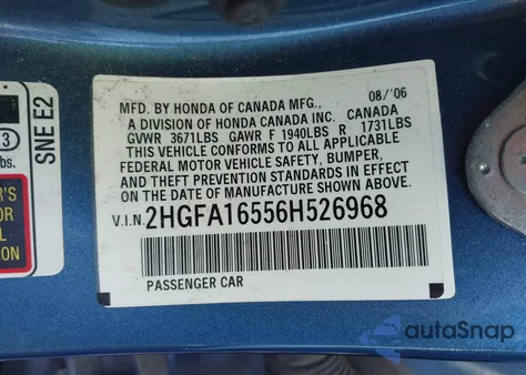 2006 Honda Civic Lx из США, поврежденный, VIN 2HGFA16556H526968